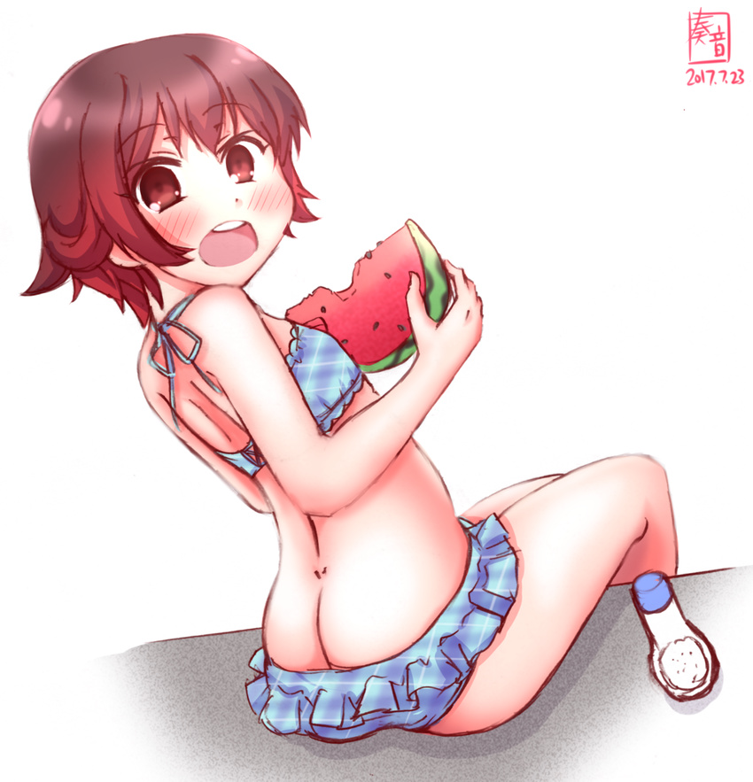 artist_logo artist_name ass back bikini bikini_skirt blue_bikini bottle butt_crack collarbone dated eating eyebrows_visible_through_hair food fruit gradient_hair highres holding holding_food holding_fruit kanon_(kurogane_knights) kantai_collection looking_at_viewer looking_back melon multicolored_hair mutsuki_(kantai_collection) open_mouth outdoors popsicle red_eyes short_hair signature solo swimsuit teeth watermelon watermelon_bar