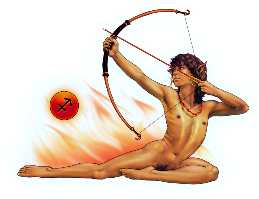 action_pose arrow bow_(weapon) elf fire humanoid jewelry male necklace nipples not_furry nude pointy_ears pose pubes ranged_weapon sagittarius_(symbol) sagittarius_(zodiac) simple_background solo weapon white_background yuni