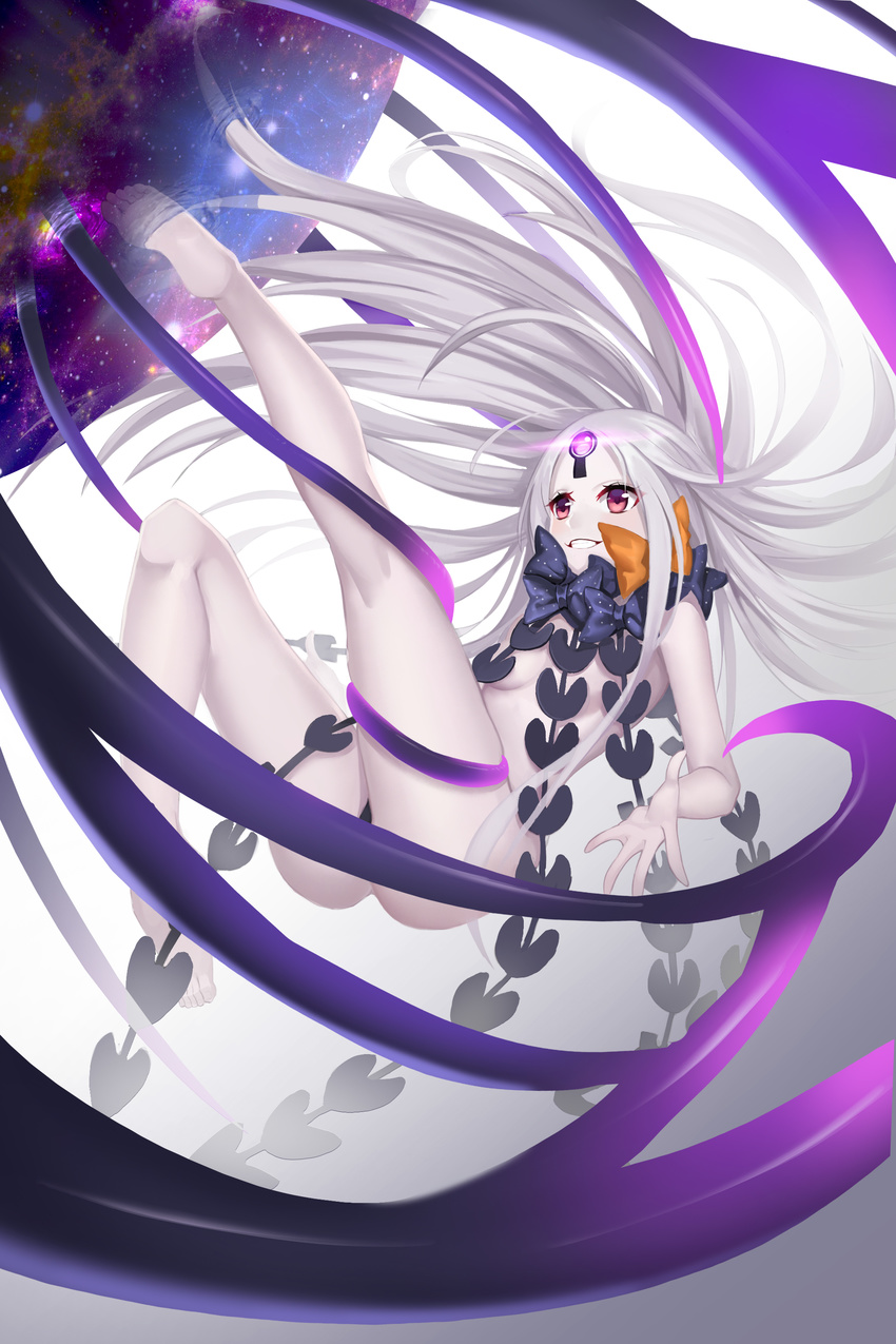 abigail_williams_(fate/grand_order) absurdres ass bad_id bad_pixiv_id bare_arms bare_legs barefoot black_bow blush bow breasts commentary_request facial_mark fate/grand_order fate_(series) floating forehead_mark gaoyang_ou_nisang grin highres keyhole long_hair nebula orange_bow orb red_eyes revealing_clothes silver_hair sky small_breasts smile solo space star_(sky) starry_sky tentacles very_long_hair