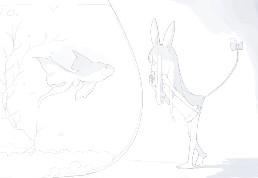 animal_ears bare_arms bare_legs bare_shoulders barefoot bow bubble closed_mouth doremi dress finger_to_mouth fish fishbowl goldfish long_hair minigirl monochrome mouse_ears mouse_tail original profile seaweed solo standing tail tail_bow tail_raised