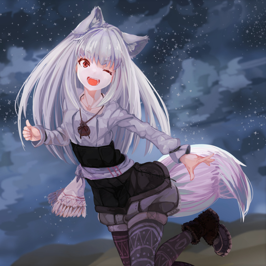 animal_ears black_legwear black_shirt commentary_request highres leg_up long_hair myuri_(spice_and_wolf) night night_sky one_eye_closed open_mouth outdoors outstretched_arm pantyhose pantyhose_under_shorts pouch print_legwear red_eyes sash shinsetsu_spice_and_wolf shirt shoes shorts silver_hair sky smile solo spice_and_wolf standing standing_on_one_leg star_(sky) tail teikiatsu white_shirt wolf_ears wolf_tail