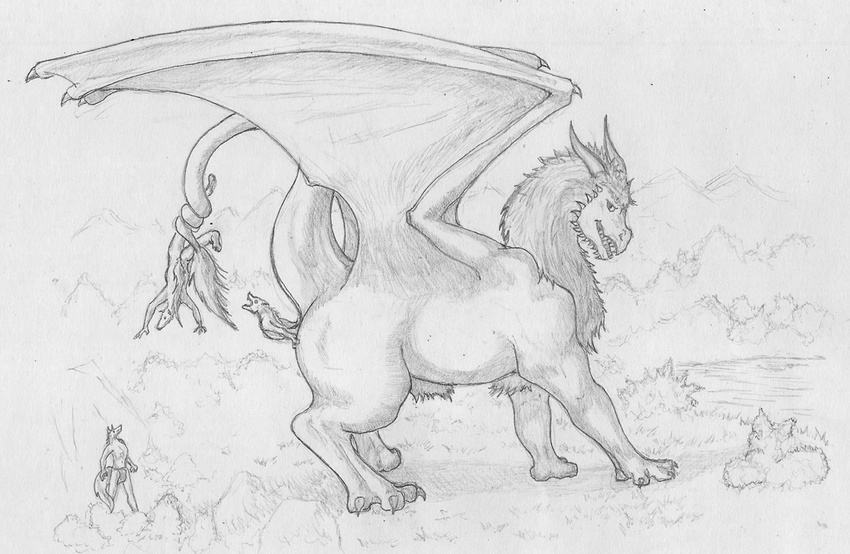 2017 3_toes ambiguous_gender anal_vore anthro badboy13 claws clothed clothing dragon equine feral forest fur furred_dragon group horn horse loincloth male mammal mane monochrome nude open_mouth raised_tail rime side_view simple_background size_difference soft_vore teeth toes topless traditional_media_(artwork) traditional_sketch tree vore wings