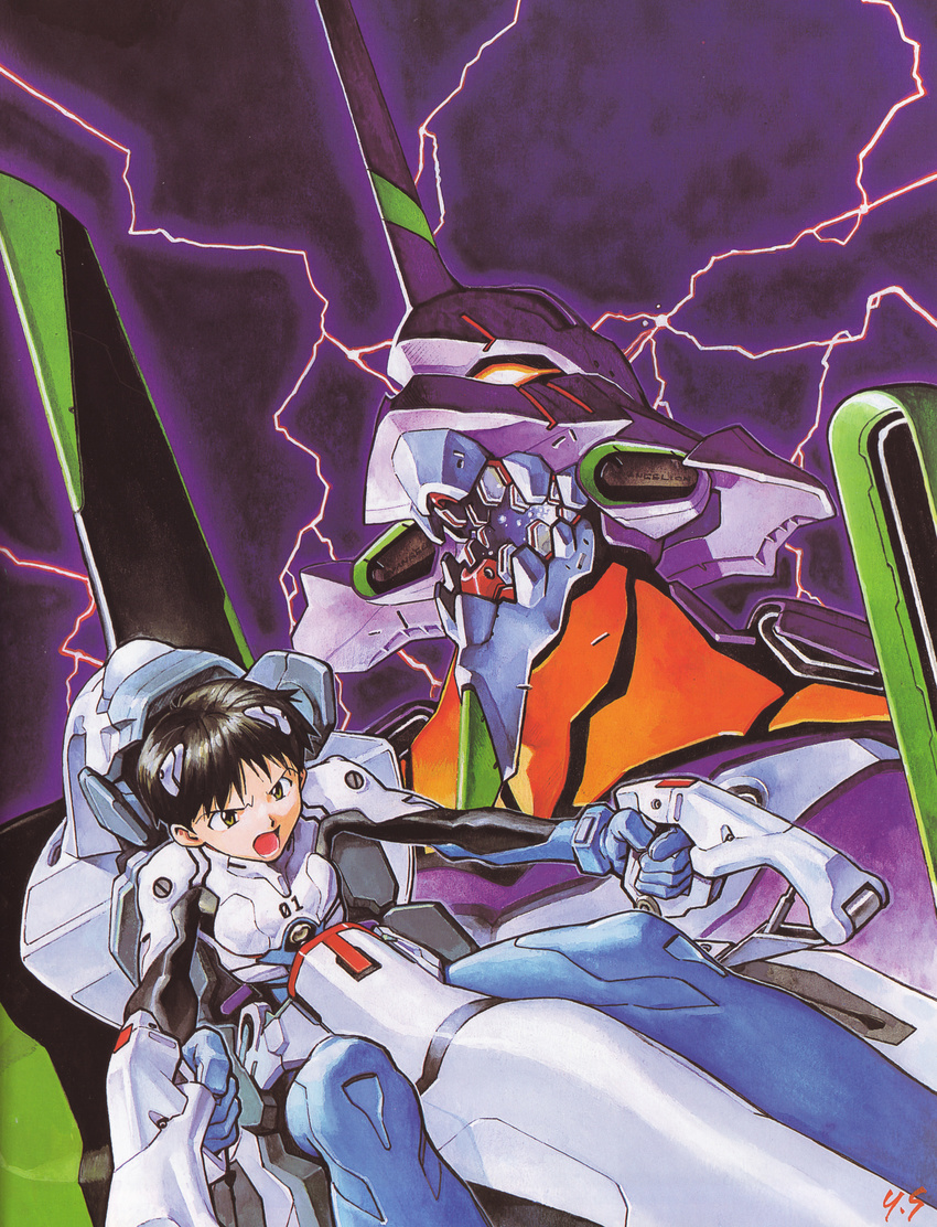 90s absurdres artist_name bangs between_legs black_hair blue_bodysuit bodysuit cockpit copyright_name eva_01 foreshortening gloves headgear highres horn ikari_shinji inset lightning looking_away male_focus mecha multicolored multicolored_bodysuit multicolored_clothes neon_genesis_evangelion night night_sky number official_art open_mouth orange_eyes outdoors outstretched_arms pilot_suit plugsuit promotional_art sadamoto_yoshiyuki scan serious shouting signature sitting sky solo teeth traditional_media v-shaped_eyebrows white_bodysuit