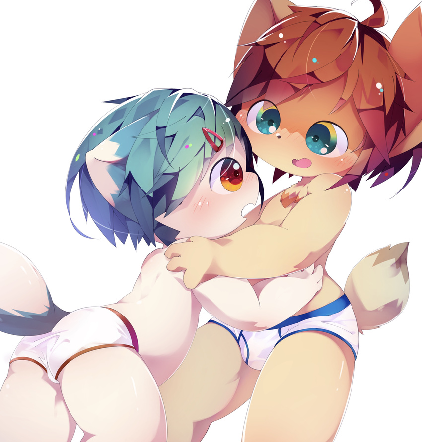 anthro aoino blue_eyes blush briefs canine chest_tuft clothed clothing cub dog embrace eye_contact male male/male mammal open_mouth red_eyes tighty_whities topless tuft underwear young