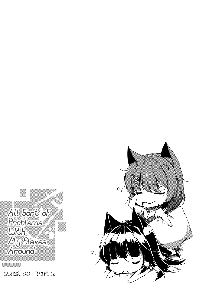 animal_ears bangs bare_arms bare_shoulders blunt_bangs breasts camisole cat_ears chibi cleavage closed_eyes collar collarbone comic commentary drooling english engrish eyebrows_visible_through_hair flower greyscale hair_between_eyes hair_flower hair_ornament hairclip highres holding holding_pillow long_hair lying medium_breasts medium_hair monochrome multiple_girls number on_stomach open_mouth original pillow ranguage rubbing_eyes saliva sheita shiny shiny_hair sidelocks simple_background sleeping sleepy standing white_background wolf_ears yawning