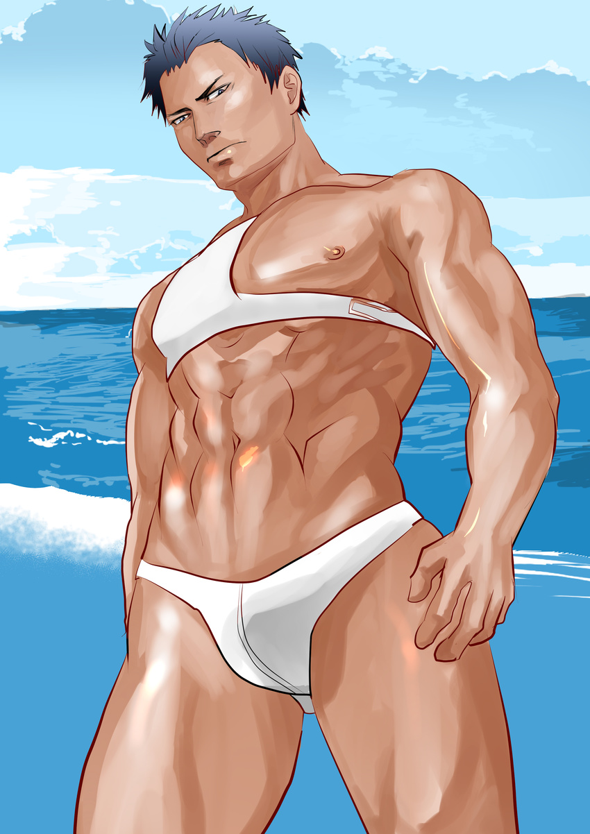 1boy abs bara beach bulge crotch male_focus muscle outdoors pecs pekodon123_domu presenting sky solo swimwear
