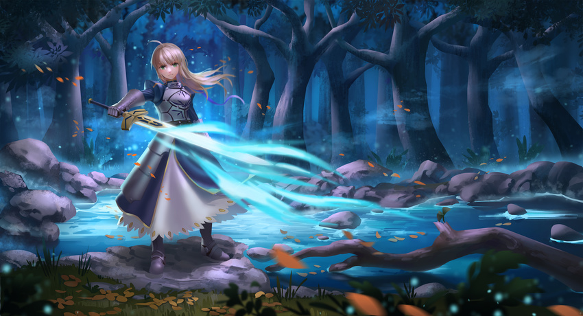 absurdres ahoge armor armored_dress artoria_pendragon_(all) autumn_leaves blonde_hair commentary excalibur falling falling_leaves fate/stay_night fate_(series) forest grass green_eyes highres juliet_sleeves leaf long_hair long_sleeves looking_at_viewer nature o_ni_sama puffy_sleeves rock saber solo stream sword tree weapon