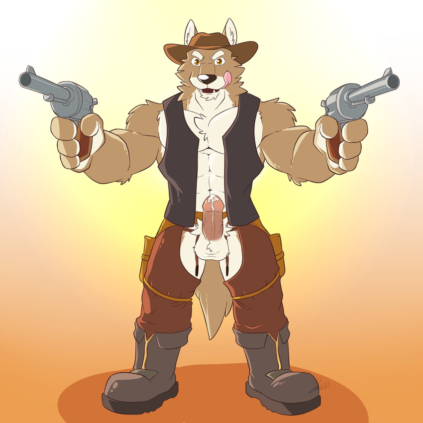 2017 abs anthro biceps boots canine chaps clothed clothing cowboy cowboy_hat coyote cum digital_media_(artwork) footwear fur greydaboy gun hat hi_res male mammal muscular pecs penis ranged_weapon simple_background weapon