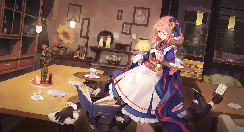 apron armchair bangs blue_bow blue_kimono bottomless bow cabinet cafe candle ceiling_light chair chalkboard character_request clipboard closed_mouth club_(shape) coffee coffee_grinder commentary_request creamer_(vessel) criin cup diamond_(shape) dutch_angle extra_arms eyepatch flower forever_7th_capital frilled_apron frills grey_eyes hair_bow hair_flower hair_ornament hanging_light heart holding holding_menu holding_tray indoors japanese_clothes kimono lamp long_sleeves looking_at_viewer menu model_ship multitasking obi phonograph picture_(object) pink_hair rag record red_flower red_rose rose sash saucer smile solo spade_(shape) standing table teacup tray vase wa_maid white_apron wide_sleeves wiping wrist_cuffs yumi_(forever_7th_capital)