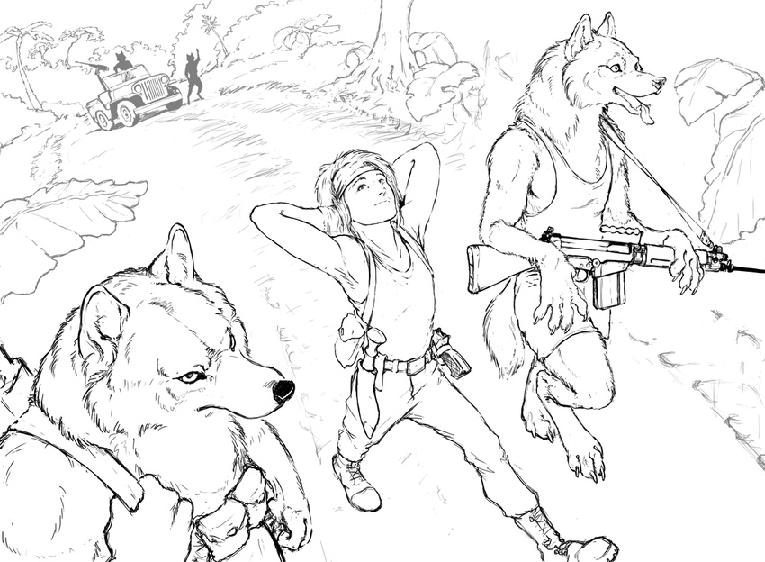 anthro barefoot boots canine car claws clothed clothing digitigrade fangs footwear group gun hands_behind_head hotchkisstank human humvee kukri leaves male mammal monochrome mowgli open_mouth outside ranged_weapon toe_claws tongue tongue_out tree vehicle walking weapon wolf