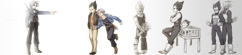 armor baby back-to-back bakusou_k black_eyes black_hair blue_eyes boots clenched_hands dragon_ball dragon_ball_z facing_away father_and_son gloves grey_background hand_in_pocket highres jacket long_image looking_at_another looking_away majin_vegeta male_focus multiple_boys outstretched_hand ponytail profile purple_hair serious short_hair simple_background smile super_saiyan sword translation_request trunks_(dragon_ball) vegeta weapon white_background wide_image