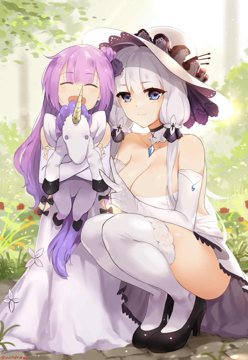 :d artist_name ass azur_lane bangs bare_shoulders black_footwear blue_eyes breasts choker cleavage closed_eyes commentary dress elbow_gloves english_commentary eyebrows_visible_through_hair full_body gem gloves gourd hair_bun hat height_difference high_heels highres illustrious_(azur_lane) large_breasts long_hair looking_at_viewer low_twintails mole mole_under_eye multiple_girls open_mouth purple_hair sendrawz shoes smile squatting strapless strapless_dress stuffed_alicorn stuffed_animal stuffed_toy thighhighs twintails unicorn_(azur_lane) v white_dress white_gloves white_hair white_legwear