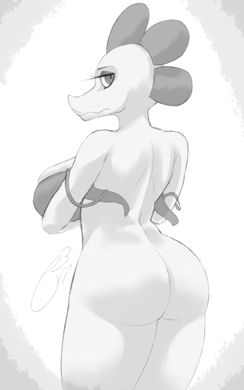 2017 alligator anthro bea_(nitw) big_breasts bra breasts butt clothing crocodile crocodilian eyelashes female greyscale holding_breast huwon looking_at_viewer looking_back monochrome mostly_nude night_in_the_woods pinup pose rear_view reptile scales scalie solo standing underwear undressing video_games