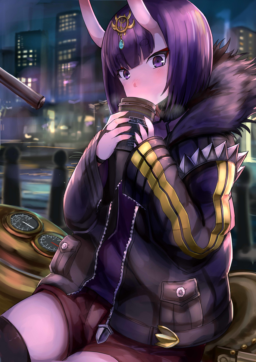 absurdres alternate_costume bangs black_legwear casual city coffee_cup commentary_request cup disposable_cup drinking eyebrows_visible_through_hair fate/grand_order fate_(series) fur_trim ground_vehicle hands_up highres jacket leaning_on_object looking_at_viewer motor_vehicle motorcycle night okitsugu oni open_clothes open_jacket outdoors parka purple_eyes purple_hair short_hair shorts shuten_douji_(fate/grand_order) sitting sleeves_past_wrists solo steam thick_eyebrows thighhighs tsurime