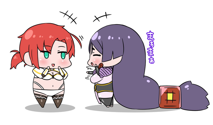 :d absurdly_long_hair absurdres black_legwear boudica_(fate/grand_order) bra breasts chibi cleavage closed_eyes commentary_request fate/grand_order fate_(series) green_eyes highres long_hair low-tied_long_hair medium_breasts minamoto_no_raikou_(fate/grand_order) multiple_girls navel open_mouth panties pelvic_curtain ponytail puffy_sleeves red_hair rei_(rei_rr) simple_background smile thighhighs underwear very_long_hair white_background white_bra white_panties