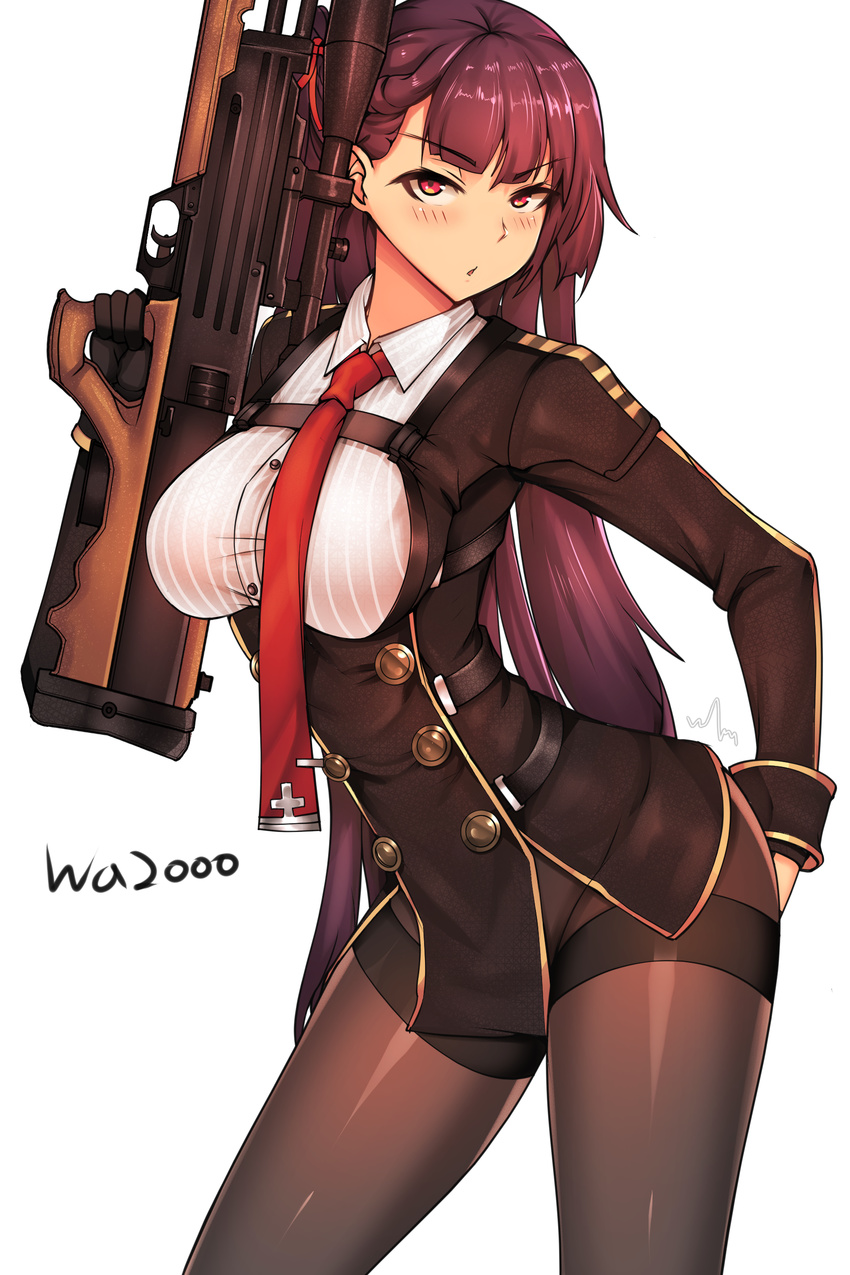 absurdres bangs black_gloves black_legwear blush breasts bullpup character_name clyde_s collared_shirt commentary_request eyebrows_visible_through_hair girls_frontline gloves gun hair_ribbon hand_on_own_ass head_tilt highres holding holding_gun holding_weapon large_breasts leaning long_hair looking_at_viewer necktie one_side_up open_mouth pantyhose purple_hair red_eyes ribbon rifle shirt simple_background sniper_rifle solo strap striped striped_shirt thighband_pantyhose trigger_discipline very_long_hair wa2000_(girls_frontline) walther walther_wa_2000 weapon