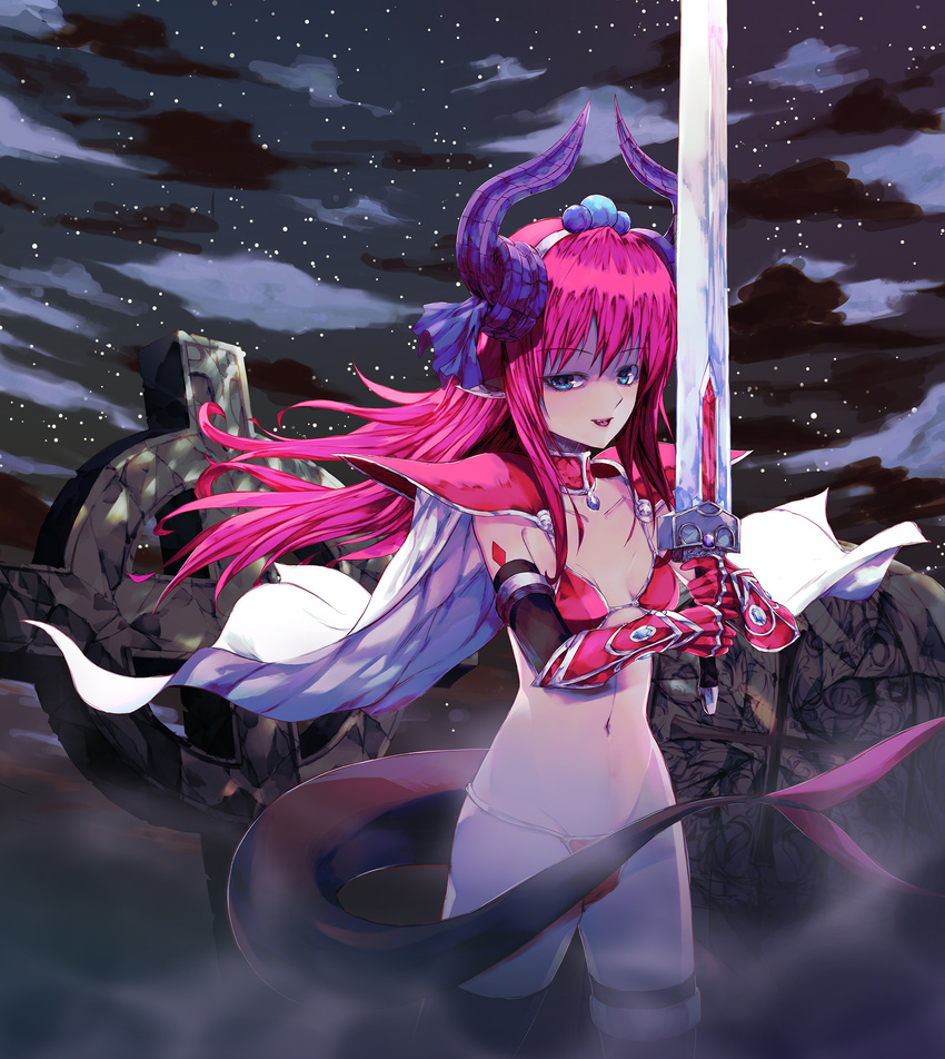 blue_eyes breasts cape commentary_request dragon_girl dragon_horns dragon_tail elizabeth_bathory_(brave)_(fate) elizabeth_bathory_(fate)_(all) fate/grand_order fate_(series) fog highres horns korean_commentary looking_at_viewer navel night night_sky partial_commentary pink_hair roon sky small_breasts tail tombstone