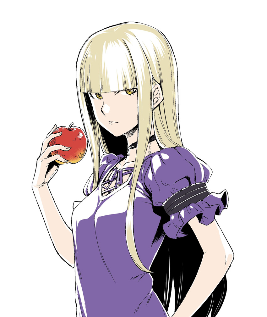 aoki_hagane_no_arpeggio apple bangs black_choker blonde_hair blunt_bangs choker closed_mouth commentary_request dress food fruit h_kasei highres holding holding_food holding_fruit kongou_(aoki_hagane_no_arpeggio) long_hair looking_at_viewer puffy_short_sleeves puffy_sleeves purple_dress short_sleeves simple_background solo upper_body white_background yellow_eyes