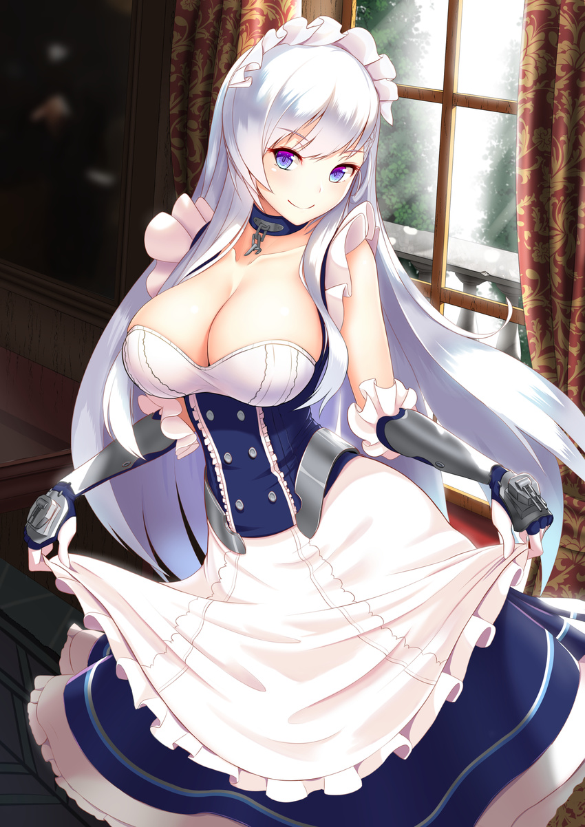 apron apron_lift azur_lane belfast_(azur_lane) blue_dress blue_eyes braid breasts broken broken_chain chain cleavage closed_mouth collar collarbone commentary_request curtains damao_yu day dress eyebrows_visible_through_hair french_braid gauntlets highres indoors large_breasts long_hair looking_at_viewer maid maid_apron maid_headdress revision silver_hair skirt_hold smile solo standing underbust very_long_hair wings