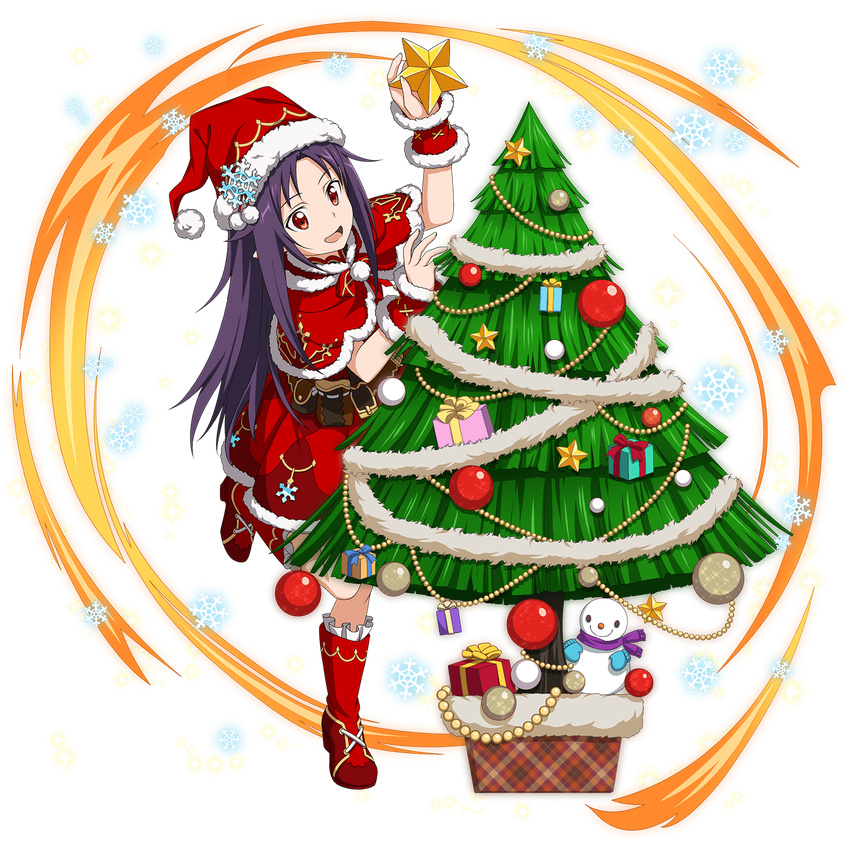 :d arm_up capelet christmas_tree dress full_body fur_trim hat highres holding leg_up long_hair neck_ribbon official_art open_mouth pointy_ears purple_hair red_capelet red_dress red_eyes red_footwear red_hat red_ribbon ribbon santa_costume santa_hat short_dress sleeveless sleeveless_dress smile snowflakes snowman solo standing standing_on_one_leg sword_art_online sword_art_online:_code_register transparent_background very_long_hair wrist_cuffs yuuki_(sao)