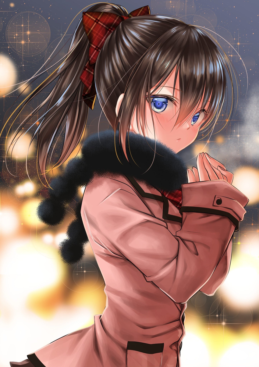 bad_id bad_pixiv_id bangs black_scarf blue_eyes blurry blurry_background bokeh bow brown_hair closed_mouth commentary_request depth_of_field expressionless eyebrows_visible_through_hair fingernails floating_hair from_side hair_between_eyes hair_bow hands_up highres jacket long_hair long_sleeves looking_at_viewer looking_to_the_side original pink_jacket plaid plaid_bow plaid_neckwear pocket ponytail red_neckwear scarf shiny shiny_hair sidelocks solo sparkle yuitanpo
