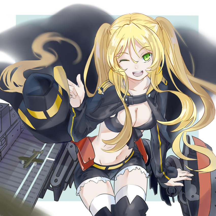 ;d aircraft airplane azur_lane bangs belt bent_over bikini_top black_bikini_top black_cape black_hat black_legwear black_ribbon black_shorts blonde_hair breasts cape cleavage collarbone cowboy_hat cutoffs eyebrows eyebrows_visible_through_hair flight_deck floating_hair front-tie_bikini front-tie_top green_eyes groin hair_between_eyes hat hat_removed headwear_removed highres holding holding_hat hornet_(azur_lane) index_finger_raised leaning leaning_forward long_hair long_sleeves looking_at_viewer machinery medium_breasts navel one_eye_closed open_mouth over-kneehighs palms ribbon shiro_q~ short_shorts shorts sidelocks sleeves_past_wrists smile solo stomach straight_hair teeth thigh_gap thighhighs tongue turret twintails white_legwear yellow_belt