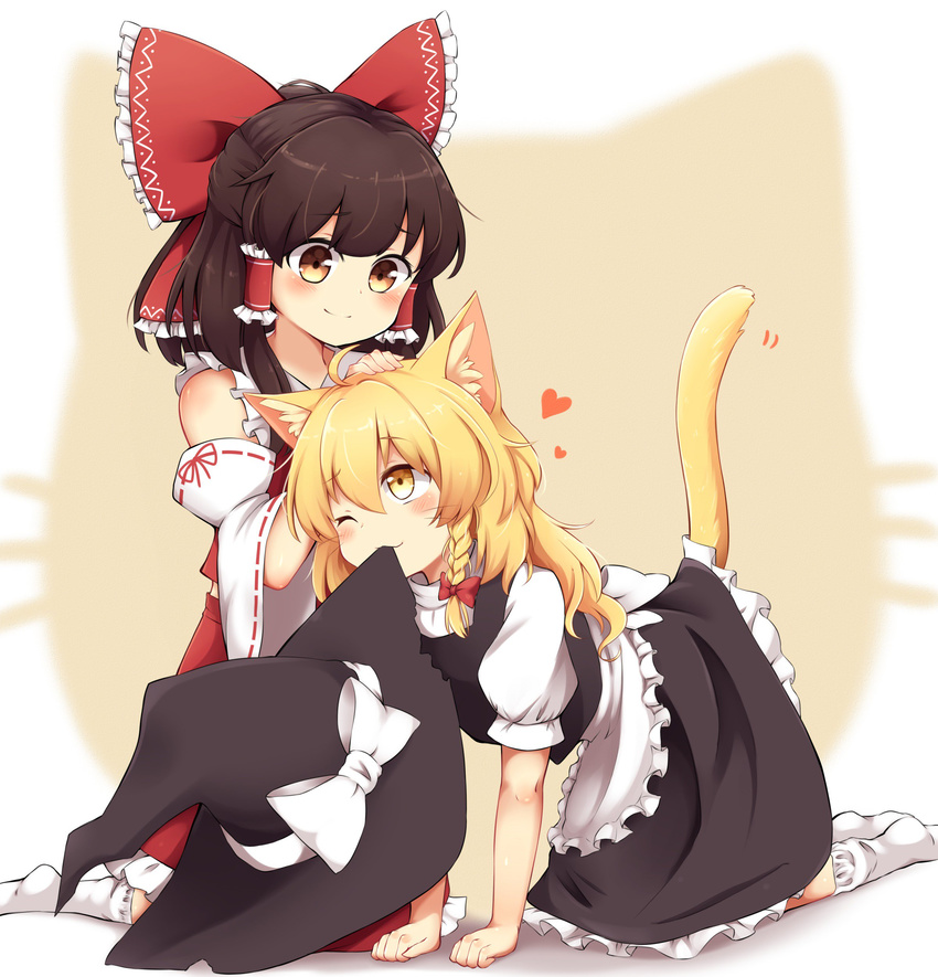 ;) absurdres all_fours animal_ears blonde_hair blush bow brown_eyes brown_hair cat_ears cat_tail commentary detached_sleeves eyebrows hair_bow hair_tubes hakurei_reimu heart highres kemonomimi_mode kirisame_marisa long_hair lovestruck medium_hair mouth_hold multiple_girls one_eye_closed pet_play petting puffy_short_sleeves puffy_sleeves revision riza_dxun short_sleeves sitting skirt skirt_set smile socks tail touhou vest wariza wavy_hair yellow_eyes yuri