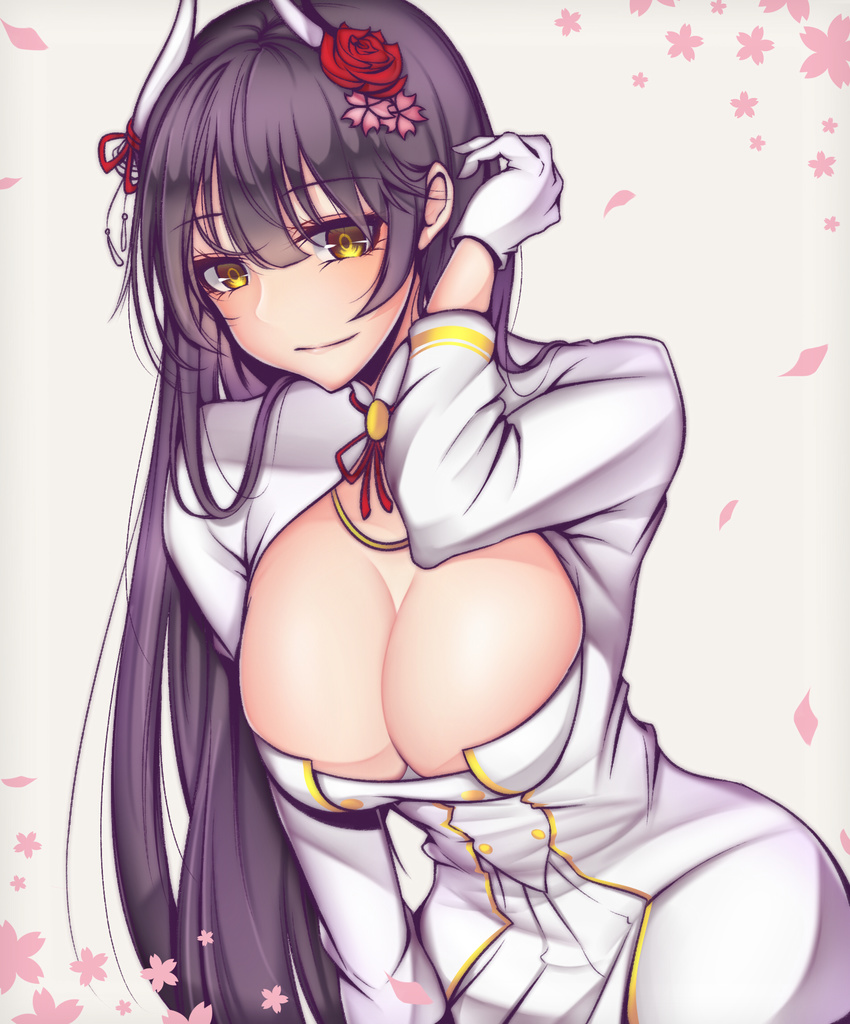 azur_lane bangs black_hair blunt_bangs blush breasts closed_mouth cowboy_shot eyebrows_visible_through_hair flower hair_between_eyes hair_flower hair_ornament hair_tucking hiei_(azur_lane) highres horns jacket large_breasts leaning_forward long_hair looking_at_viewer military military_jacket military_uniform petals pleated_skirt red_flower red_rose rose simple_background skirt smile solo standing tetsu_(excalibur920) uniform very_long_hair white_jacket white_skirt yellow_eyes