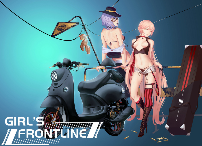 bachsnov bare_shoulders black_bikini_top black_footwear black_gloves black_hat black_pants blue_background breasts breasts_apart brown_eyes bullet butt_crack case choker copyright_name cross-laced_footwear english eyebrows_visible_through_hair flower_tattoo girls_frontline gloves ground_vehicle hat head_tilt high_heels highres leaning_back long_hair looking_at_viewer medium_breasts motor_vehicle multiple_girls navel ots-14_(girls_frontline) pants parted_lips pink_hair purple_hair railing red_eyes red_legwear scooter short_shorts shorts signpost single_thighhigh skull_print smile standing star striped striped_legwear stuffed_animal stuffed_toy sunglasses tattoo teddy_bear thigh_strap thighhighs thompson_submachine_gun_(girls_frontline) unbuttoned v-shaped_eyebrows vertical-striped_legwear vertical_stripes very_long_hair white_shorts
