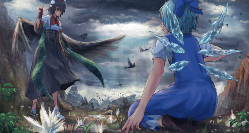 bird black_hair black_skirt black_wings blue_bow blue_dress blue_hair bow cirno cloud cloudy_sky commentary dress from_behind geta hair_bow hakama_skirt ice ice_wings index_finger_raised looking_at_another multiple_girls pom_pom_(clothes) puffy_short_sleeves puffy_sleeves red_bow red_eyes red_neckwear roke_(taikodon) seiza shameimaru_aya shoes short_hair short_sleeves sitting skirt sky socks touhou white_legwear wings