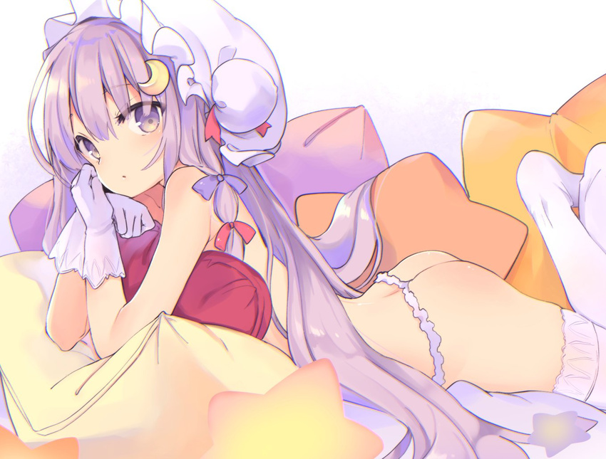 ass bow crescent crescent_hair_ornament crossed_ankles cushion eyebrows_visible_through_hair from_side gloves hair_bow hair_ornament hat kedama_milk long_hair looking_at_viewer lying mob_cap no_shoes on_stomach panties parted_lips patchouli_knowledge purple_eyes purple_hair solo thighhighs thong touhou underwear underwear_only very_long_hair white_gloves white_legwear