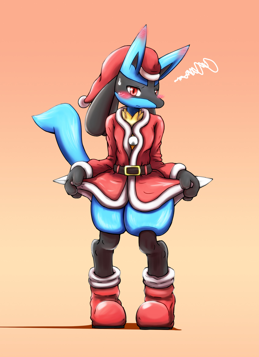 ambiguous_gender anthro belt black_fur blue_fur blush boots bottomless canine christmas clothed clothing coat cute footwear fur hat holidays looking_at_viewer lucario mabuta_1 mammal nintendo pok&eacute;mon pok&eacute;mon_(species) red_eyes santa_hat simple_background solo spikes video_games yellow_fur