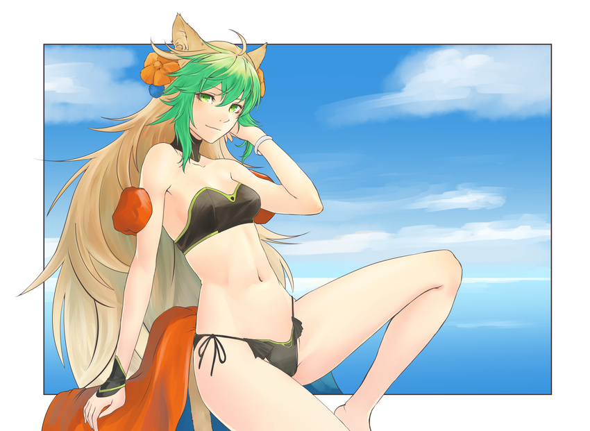ahoge atalanta_(fate) bikini blonde_hair blue_sky border bracelet breasts cloud day detached_collar fate/apocrypha fate_(series) flower green_eyes groin hair_flower hair_ornament hand_in_hair highres hikichi_sakuya jewelry long_hair looking_at_viewer multicolored_hair navel outside_border side-tie_bikini sky small_breasts smile spread_legs swimsuit thighs white_border