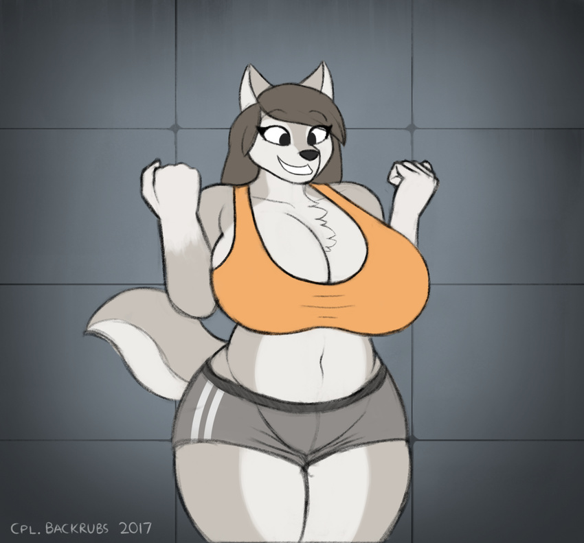 2017 anthro big_breasts breasts brown_hair canine chest_tuft cleavage clothed clothing corporalbackrubs digital_media_(artwork) female fur grey_fur hair happy hi_res huge_breasts long_hair mammal multicolored_fur navel portrait shirt shorts slightly_chubby smile solo tank_top thick_thighs three-quarter_portrait tight_clothing tuft two_tone_fur voluptuous white_fur wide_hips wolf