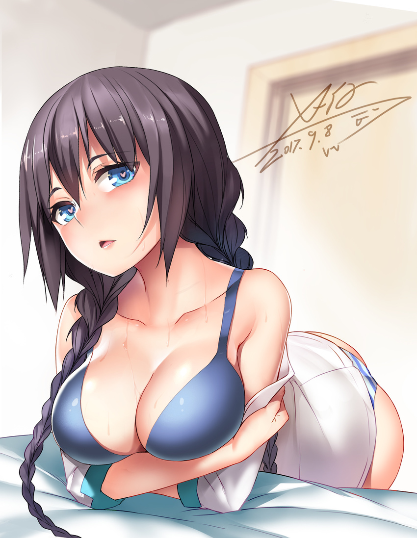 absurdres ass bare_shoulders black_hair blue_bra blue_eyes blush bra braid breast_hold breasts dated door heart heart-shaped_pupils highres large_breasts long_hair looking_at_viewer off_shoulder open_mouth original panties signature solo striped striped_panties symbol-shaped_pupils twin_braids underwear x-boy