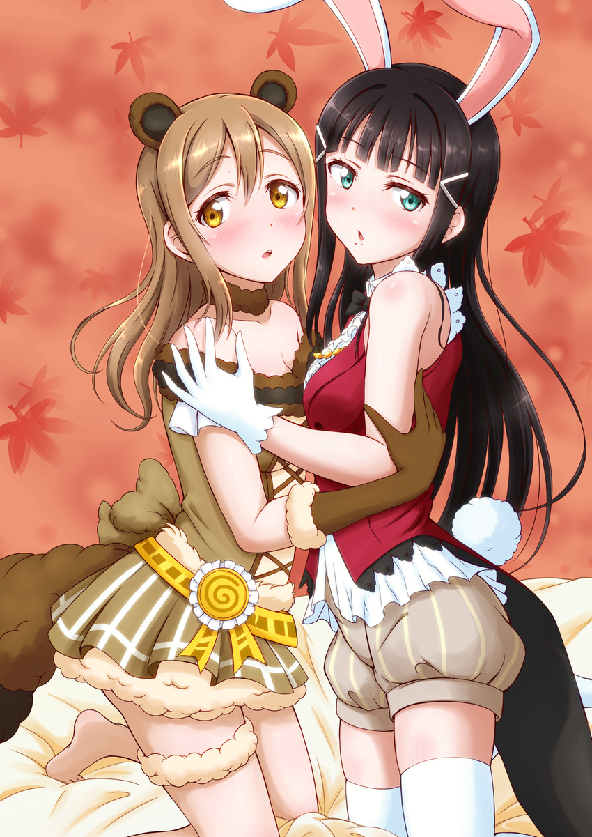 :o animal_ears aqua_eyes autumn_leaves ayase_eli ayase_eli_(cosplay) bangs barefoot bed_sheet black_hair black_neckwear bloomers blunt_bangs blush bow bowtie brown_gloves brown_hair bunny_ears bunny_tail center_frills ckst coattails commentary_request cosplay cover cover_page doujin_cover elbow_gloves eyebrows_visible_through_hair frills fur-trimmed_choker fur-trimmed_gloves fur_trim gloves hair_ornament hairclip hand_on_another's_shoulder highres hug kneeling korekara_no_someday kunikida_hanamaru kurosawa_dia looking_away love_live! love_live!_school_idol_project love_live!_sunshine!! miniskirt mole mole_under_mouth multiple_girls off-shoulder_shirt open_mouth raccoon_ears raccoon_tail shirt shorts skirt sleeveless sonoda_umi sonoda_umi_(cosplay) striped tail textless thigh_strap thighhighs underwear vertical-striped_shorts vertical_stripes white_gloves white_legwear yellow_eyes