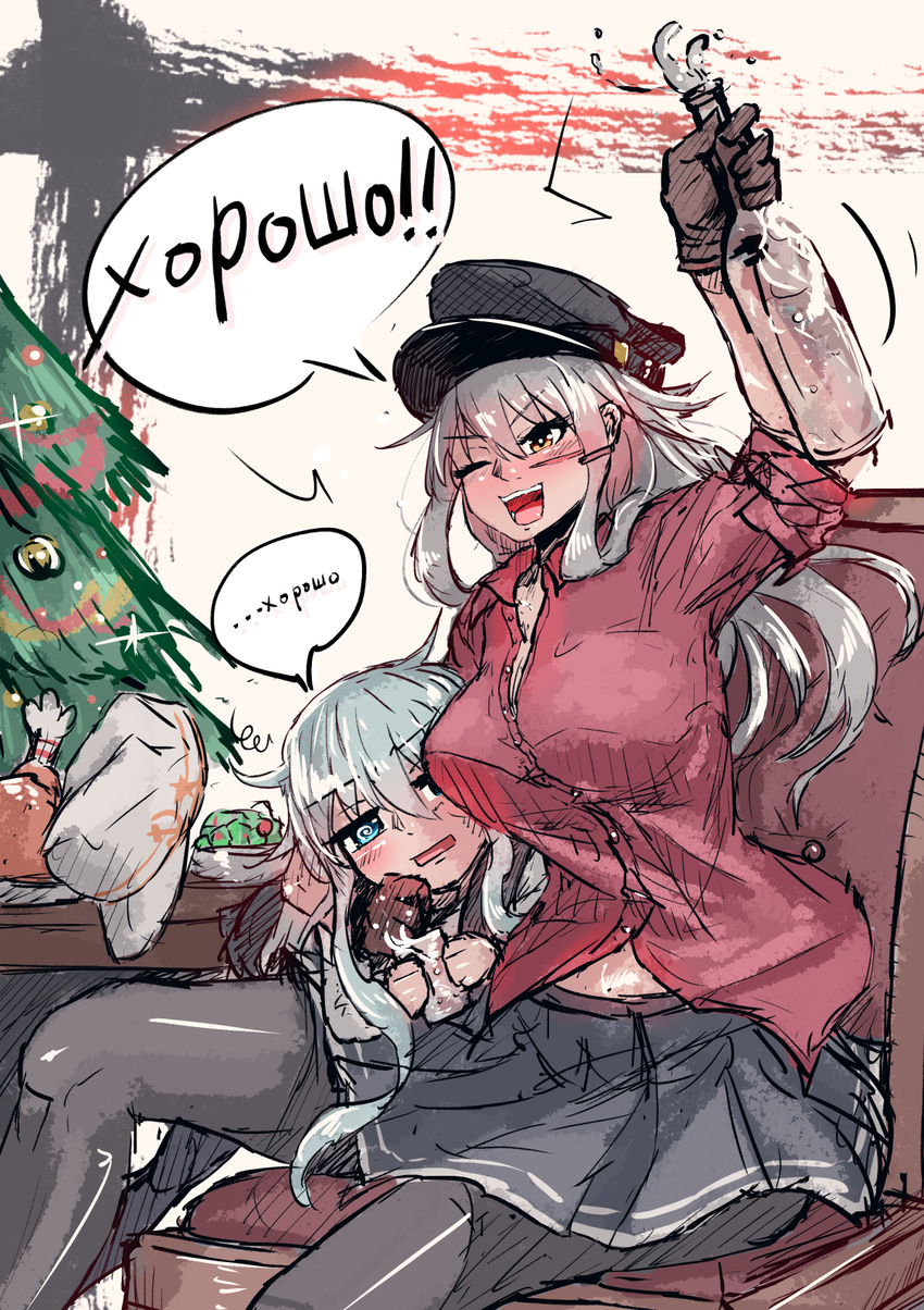 alcohol black_legwear black_skirt blue_eyes blush breasts chicken_(food) christmas christmas_ornaments christmas_tree commentary_request couch food gangut_(kantai_collection) gloves grey_gloves grey_hair hair_between_eyes hair_ornament hairclip hat hibiki_(kantai_collection) highres horosho kakiiro_(takuya) kantai_collection large_breasts long_hair looking_at_viewer military military_hat military_uniform miniskirt multiple_girls naval_uniform new_year one_eye_closed open_mouth orange_eyes pantyhose peaked_cap red_shirt sailor_collar school_uniform serafuku shirt silver_hair simple_background skirt spruce table uniform verniy_(kantai_collection) vodka