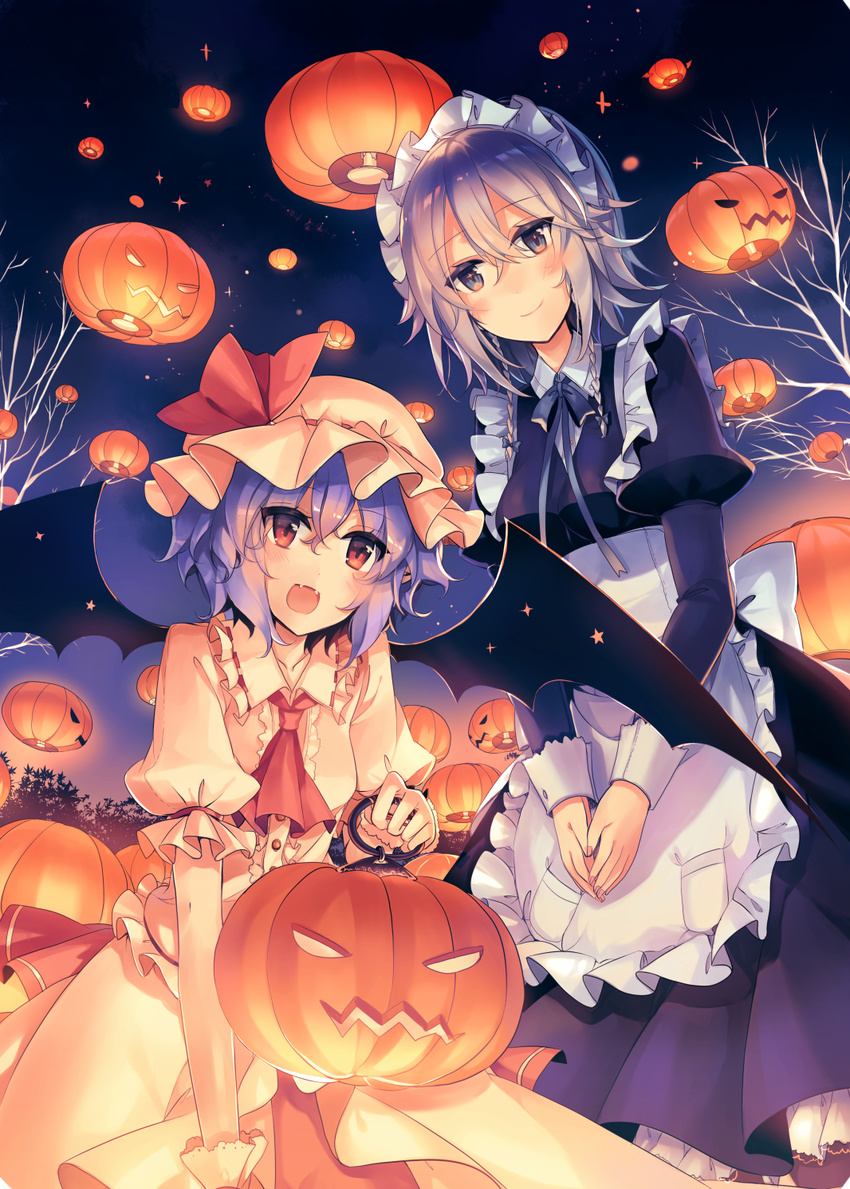 apron ascot blue_eyes blue_hair blue_neckwear blue_ribbon blush breasts commentary_request fang frilled_apron frills halloween hat hat_ribbon highres izayoi_sakuya jack-o'-lantern juliet_sleeves kirero long_sleeves looking_at_viewer maid_apron maid_headdress mob_cap multiple_girls neck_ribbon night night_sky open_mouth petticoat puffy_short_sleeves puffy_sleeves pumpkin red_eyes red_neckwear red_ribbon remilia_scarlet ribbon short_hair short_sleeves silver_hair sky small_breasts smile touhou tree v_arms wrist_cuffs