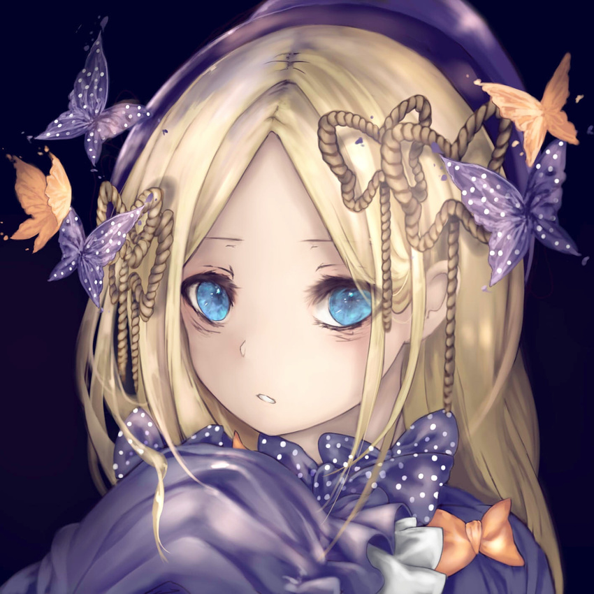 abigail_williams_(fate/grand_order) animal bangs black_background black_bow black_dress black_hat blonde_hair blue_eyes bow bug butterfly commentary_request dress fate/grand_order fate_(series) hat hatey_hatety highres insect long_hair long_sleeves looking_at_viewer orange_bow parted_bangs parted_lips polka_dot polka_dot_bow portrait rope sleeves_past_wrists solo