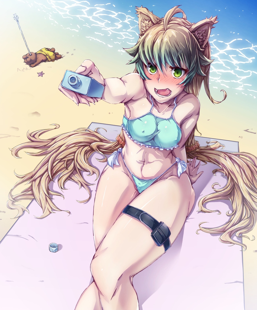 absurdres ahoge animal_ears arm_support atalanta_(fate) beach_towel bech bikini blonde_hair blush breasts cat_ears covered_nipples fang fate/apocrypha fate_(series) green_eyes green_hair hair_between_eyes highleg highleg_bikini highres long_hair medium_breasts navel ocean orion_(fate/grand_order) shikimisato shore solo swimsuit thigh_strap towel very_long_hair water
