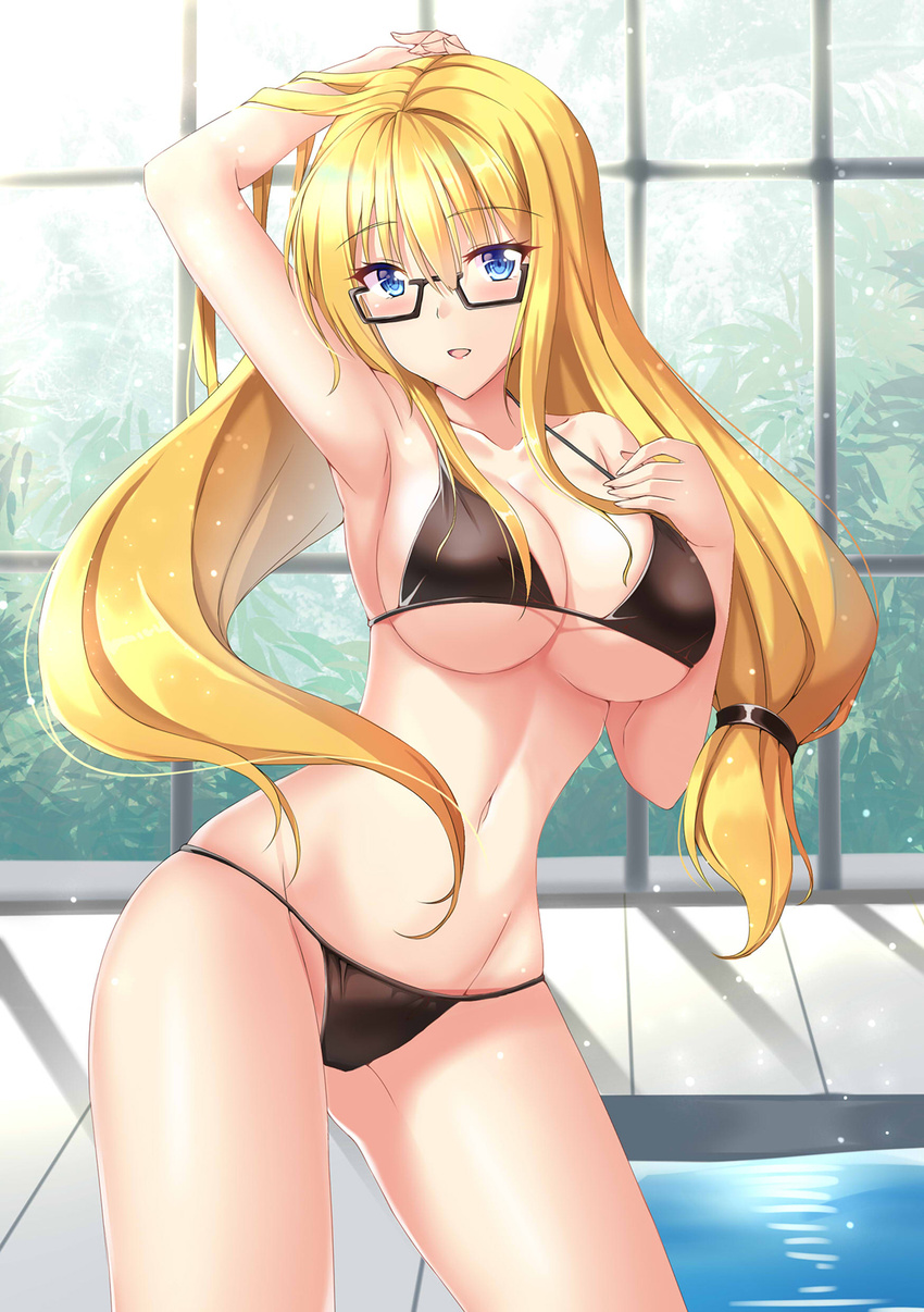 arm_up armpits bangs benchen06 bikini black-framed_eyewear black_bikini blonde_hair blush breasts collarbone commentary_request contrapposto eyebrows_visible_through_hair glasses hand_on_own_chest highres indoors large_breasts long_hair looking_at_viewer open_mouth original pool semi-rimless_eyewear sidelocks smile solo standing swimsuit under-rim_eyewear underboob
