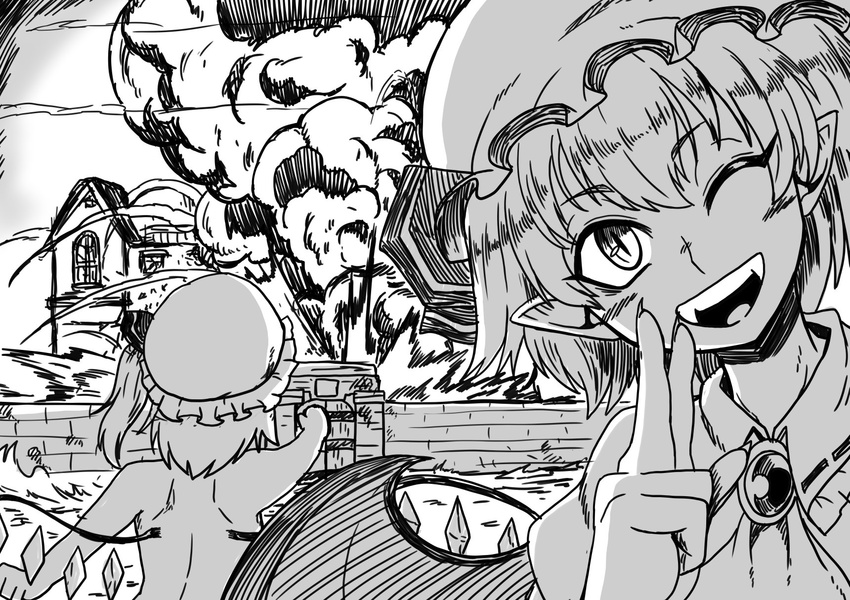 ;d bangs bat_wings blush brooch commentary explosion eyebrows_visible_through_hair fangs flandre_scarlet greyscale hat highres himajin_noizu jewelry looking_at_viewer mob_cap monochrome multiple_girls nude one_eye_closed open_mouth outdoors pointy_ears remilia_scarlet scarlet_devil_mansion short_hair side_ponytail slit_pupils smile touhou v wings