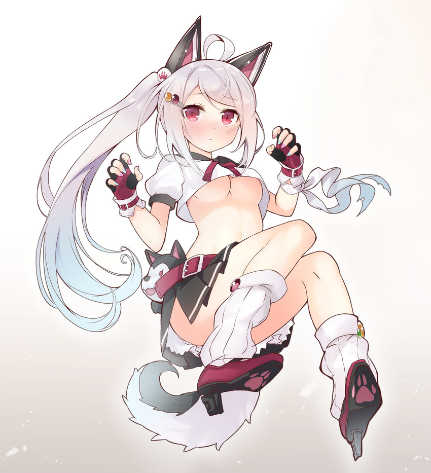 absurdres ahoge animal_ears ass azur_lane belt belt_buckle blush braid breasts buckle claw_pose closed_mouth commentary_request convenient_leg cosplay crop_top crop_top_overhang fake_animal_ears fingerless_gloves frown full_body gloves hair_ornament hairclip high_heels highres invisible_chair long_hair looking_at_viewer medium_breasts miniskirt multicolored multicolored_nails nail_polish navel necktie no_bra nose_blush original paw_print pleated_skirt ponytail puffy_short_sleeves puffy_sleeves red_eyes school_uniform serafuku shirono_mirai shirt short_sleeves side_ponytail silver_hair simple_background single_braid sitting skirt solo stuffed_wolf tail underboob white_background white_shirt wolf_ears wolf_tail yuudachi_(azur_lane) yuudachi_(azur_lane)_(cosplay) zero_(miraichizu)