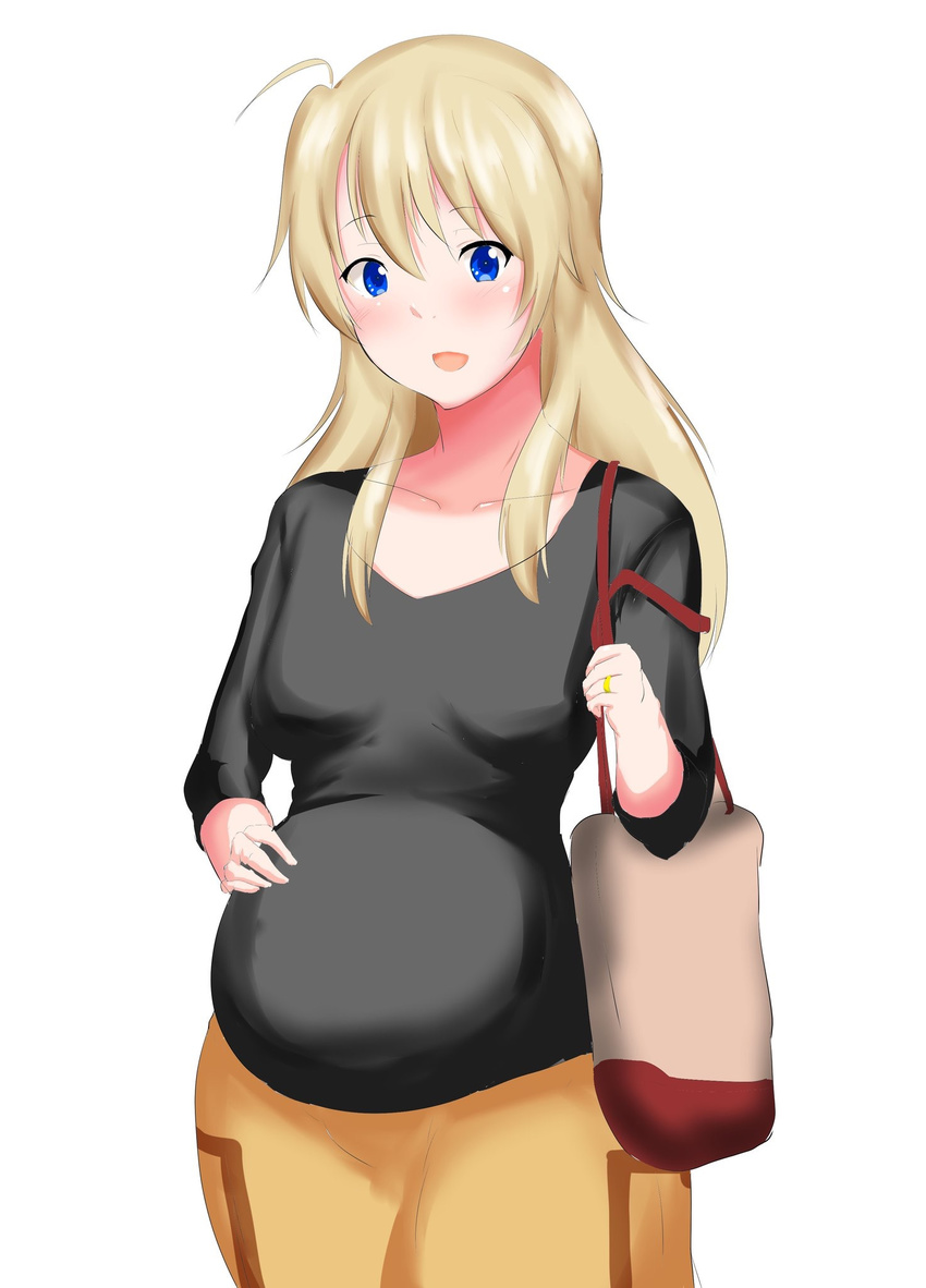 :d ahoge bag bangs black_shirt blonde_hair blue_eyes breasts brown_pants collarbone commentary_request cowboy_shot eyebrows_visible_through_hair gastropher hair_between_eyes highres holding_strap jewelry long_hair long_sleeves looking_at_viewer medium_breasts new_game! open_mouth pants pregnant ring shirt shoulder_bag simple_background smile solo standing wedding_ring white_background yagami_kou