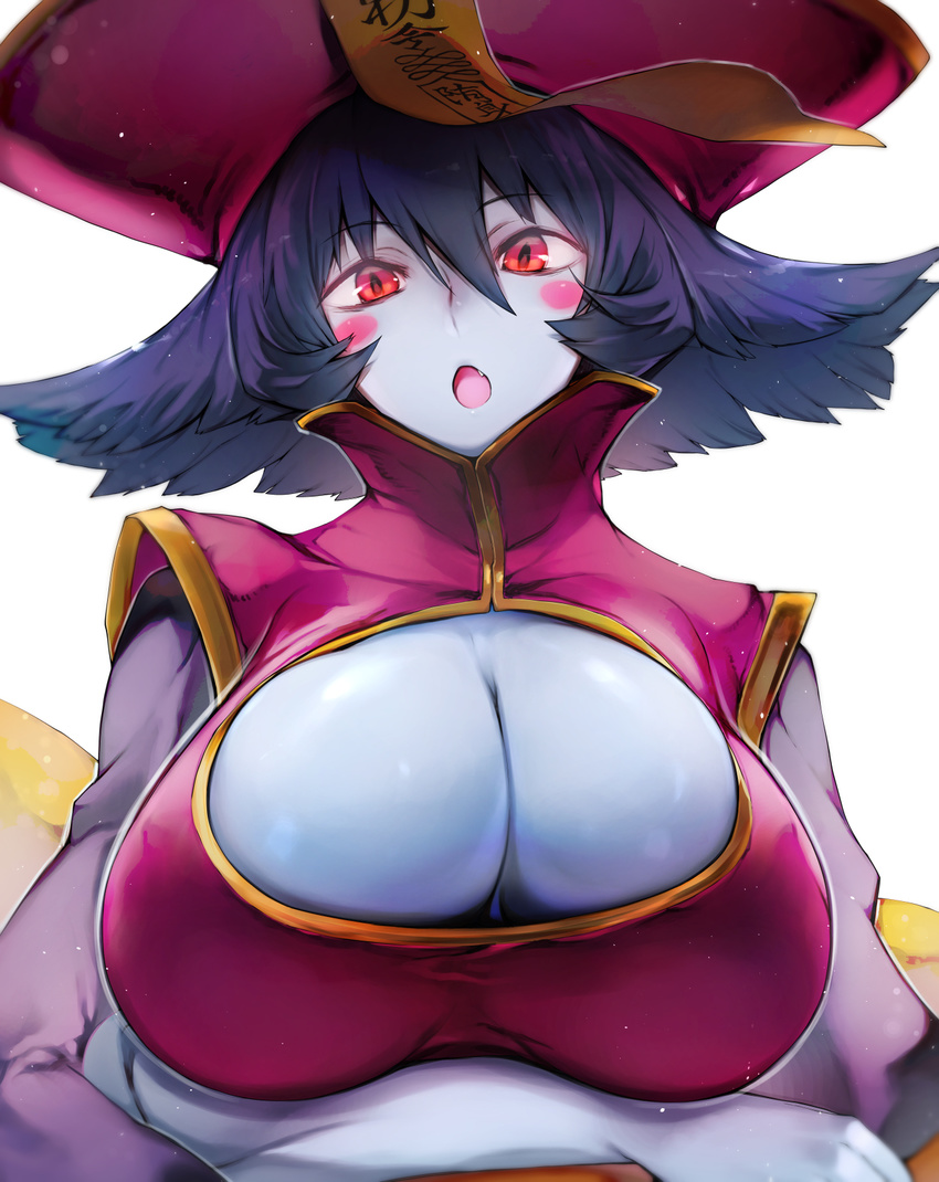 :o black_hair blue_skin blush_stickers breast_hold breasts china_dress chinese_clothes cleavage cleavage_cutout dress eyebrows_visible_through_hair fang flipped_hair hair_between_eyes highres huge_breasts lei_lei looking_at_viewer nishiide_kengorou ofuda open_mouth pink_dress pink_eyes puffy_short_sleeves puffy_sleeves red_eyes short_sleeves simple_background solo upper_body vampire_(game) white_background