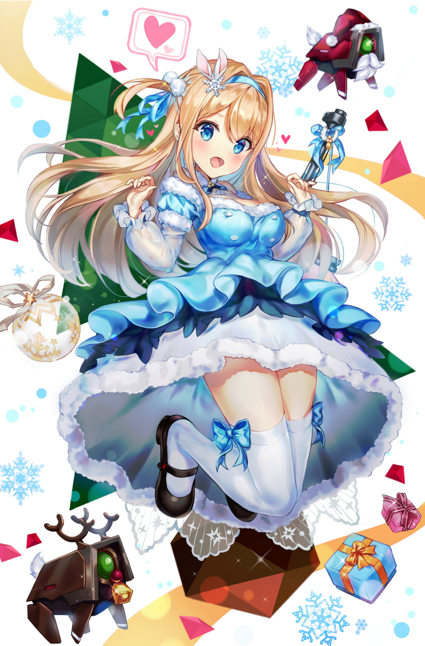 :d antlers bangs bare_shoulders bell black_footwear blonde_hair blue_bow blue_dress blue_eyes blue_hairband blue_ribbon blush bow box breasts commentary_request detached_collar dinergate_(girls_frontline) dress eyebrows_visible_through_hair fake_facial_hair fur-trimmed_dress fur-trimmed_hat gift gift_box girls_frontline hair_between_eyes hair_intakes hair_ornament hair_ribbon hairband hands_up hat head_tilt heart highres large_breasts long_hair long_sleeves looking_at_viewer mary_janes narae open_mouth pom_pom_(clothes) red_hat reindeer_antlers ribbon santa_hat shoes smile snowflakes solo spoken_heart suomi_kp31_(girls_frontline) thighhighs two_side_up very_long_hair white_legwear