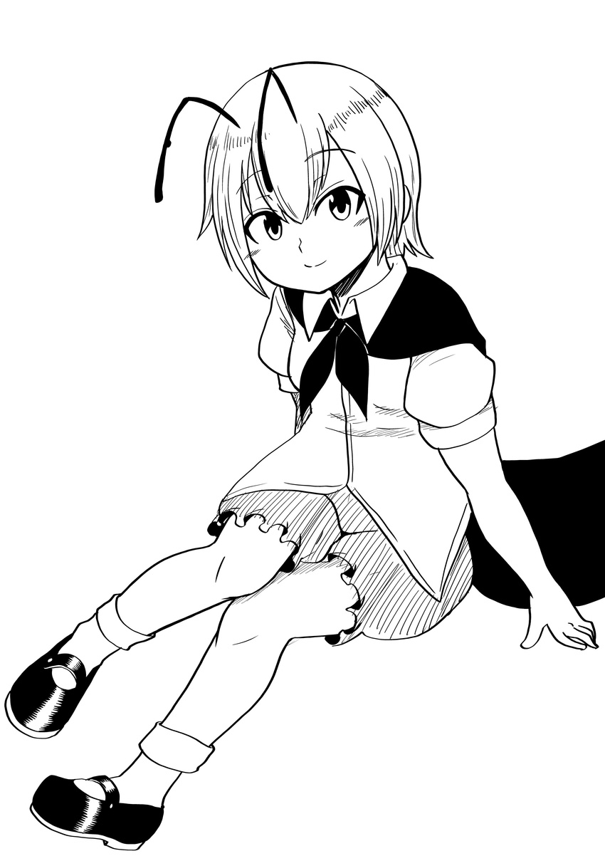 absurdres antenna_hair blush cape closed_mouth collared_shirt commentary_request full_body greyscale highres himajin_noizu knees_together_feet_apart looking_at_viewer mary_janes monochrome shirt shoes short_hair short_sleeves shorts simple_background sitting smile socks solo touhou white_background wriggle_nightbug