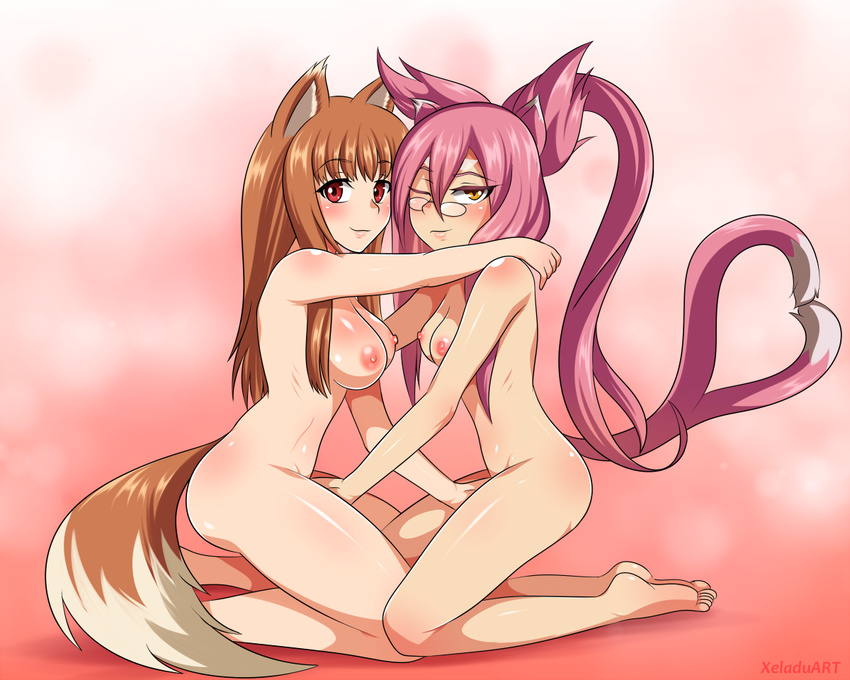 absurd_res amber_eyes animal_humanoid blazblue blush breasts brown_fur brown_hair canine cat_humanoid duo eyewear feline female fur glasses gradient_background grin hair hi_res horo humanoid kneeling kokonoe mammal nipples nude pink_fur pink_hair red_eyes simple_background slit_pupils smaller_version_at_source smile spice_and_wolf twin_tail video_games white_fur wolf wolf_humanoid xeladuart