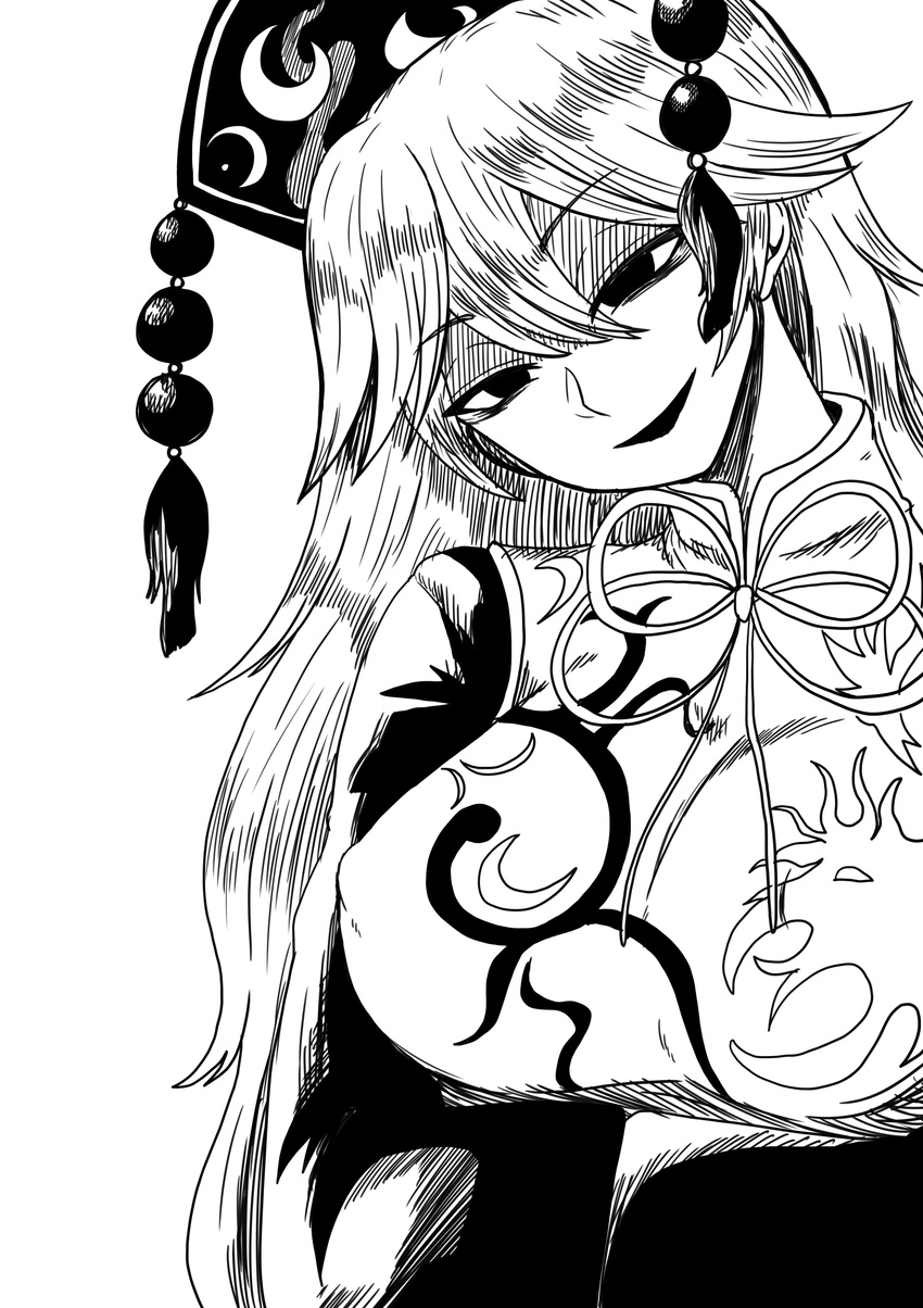 absurdres bangs breasts commentary_request covered_nipples eyebrows_visible_through_hair greyscale hair_between_eyes hair_flaps hat head_tilt highres himajin_noizu junko_(touhou) large_breasts long_hair monochrome neck_ribbon open_mouth ribbon shaded_face simple_background solo touhou upper_body white_background