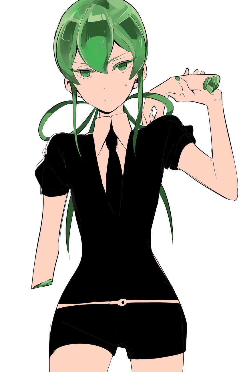 amputee androgynous black_neckwear black_shirt black_shorts closed_mouth collared_shirt commentary_request cowboy_shot crystal gem_uniform_(houseki_no_kuni) green_eyes green_hair green_nails highres houseki_no_kuni jade_(houseki_no_kuni) long_hair looking_at_viewer monsieur nail_polish necktie puffy_short_sleeves puffy_sleeves severed_hand severed_limb shirt short_sleeves shorts simple_background solo standing sweatdrop white_background white_shirt wing_collar